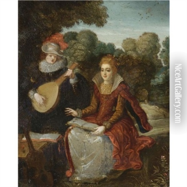 An Elegant Courting Couple In A Park, The Gentleman Playing A Lute And The Lady Holding A Book Oil Painting - Louis de Caullery