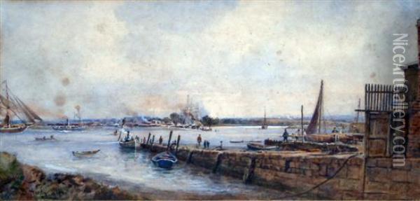 Estuary With Figures On A Jetty Oil Painting - Thomas Bush Hardy