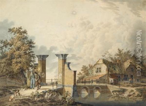 Sportsmen And Dogs At A Town Gate Oil Painting - Cornelis Borsteegh