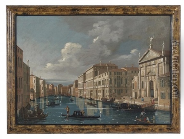 Venetian Canal Scene With A View Of The Church Of San Stae Oil Painting - Giuseppe Ponga