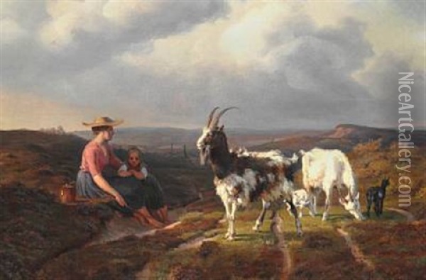 Mother And Child Looking After The Goats Oil Painting - Wilhelm Thomas Pedersen