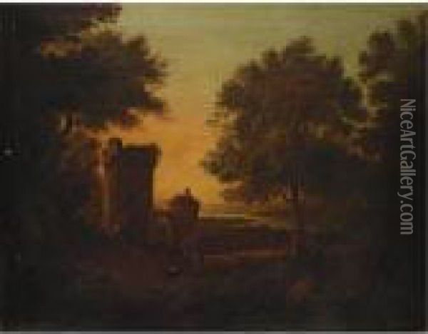 An Extensive Italianate River Landscape With Two Figures Before A Gateway Oil Painting - Alexander Nasmyth