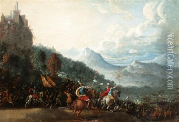 Extensive Mountainous Landscape With A Roman Army Marching Into Battle Oil Painting - Filippo Napoletano