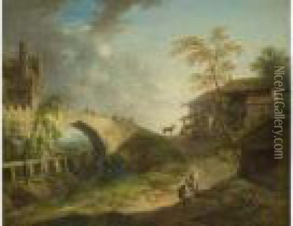 Idyllische Landschaft Mit Burg Und Figuren Oil Painting - Christian Georg Schuttz II