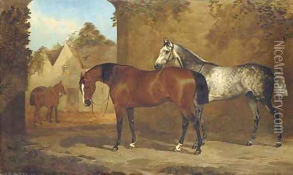 A bay and a grey hunter in a courtyard, with a groom leading another horse to a stable Oil Painting - Henry Barraud