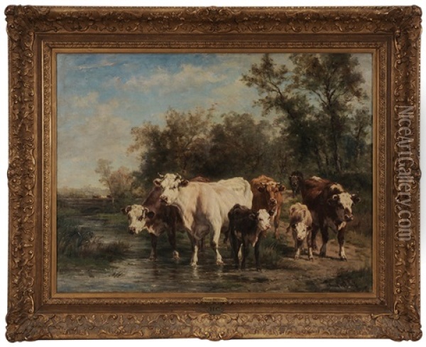 Cows Crossing Stream Oil Painting - Marie Dieterle