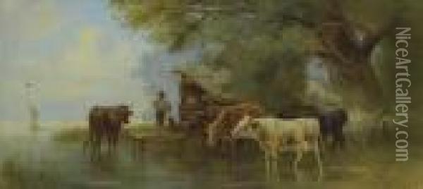 Cows At The Pond. Oil Painting - Friedrich Johann Voltz