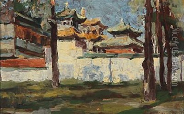 Scene From Hangzhou With A Bridge Over A River (+ Scene From Chinese City, In The Foreground A Garden With Tall Trees, Oil On Paper; 2 Works) Oil Painting - Ivan Leonardovich Kalmykov
