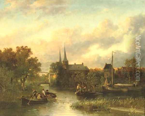 Fishing by a riverside town Oil Painting - Salomon Leonardus Verveer