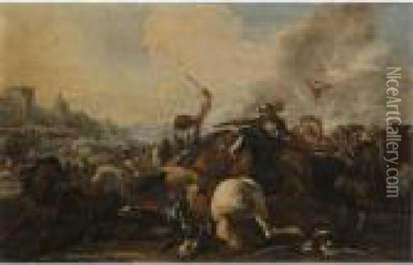 A Cavalry Battle Before A Fortified Town Oil Painting - Jacques Courtois Le Bourguignon