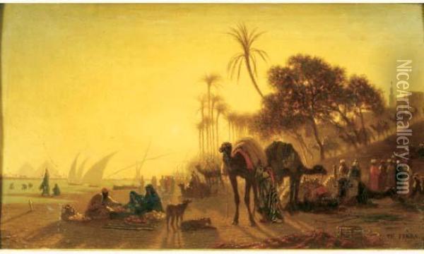 L'arrivee De La Caravane A Gizeh Oil Painting - Ch. Theodore, Bey Frere