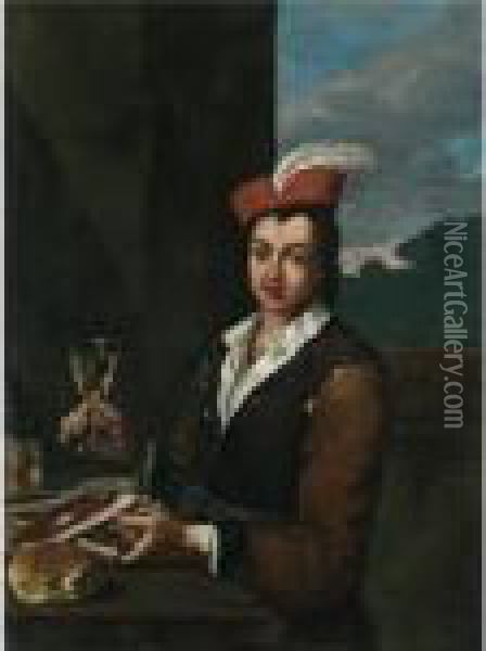 Portrait Of A Boy Seated At Table Holding A Glass Of Wine And Two Steaks Oil Painting - Antonio Amorosi