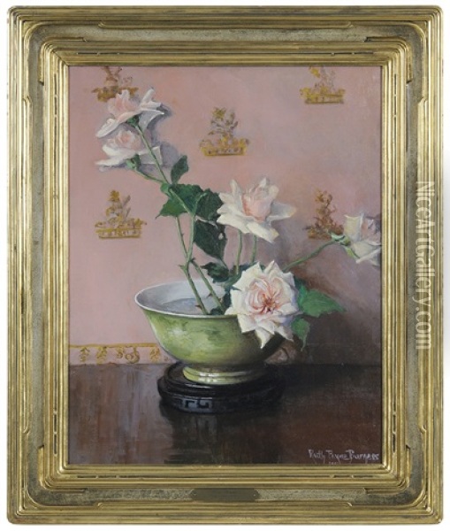 Pink Roses In A Green Bowl Oil Painting - Ruth Payne Burgess