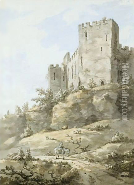 A Figure On Horseback, Ludlow Castle Beyond Oil Painting - William Marlow