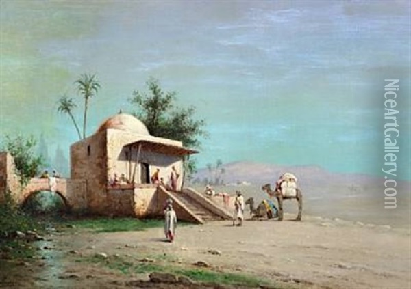 Beduins Taking A Rest On The Outskirts Of The Desert Oil Painting - Paul Jean Baptiste Lazerges