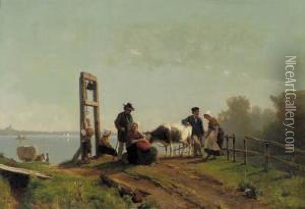 Peasents Waiting For A Ferry, Lower Rhine Oil Painting - Jacobus Nicolaas Tjarda Van Stachouwer