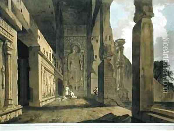 The Portico of an Excavated Temple on the Island of Salsette Oil Painting - Thomas & William Daniell