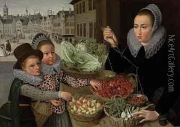 A Market Stand Selling Pears, Cherries, Peas, Leeks And Lettuce,with Two Elegantly-dressed Children, A View Of A Frankfurtbeyond Oil Painting - Georg Flegel