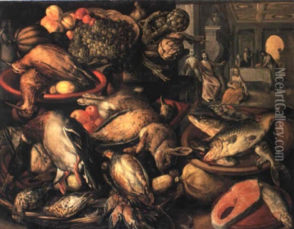 Game, Fish, Fruit And Vegetables In A Larder, Christ With Mary Beyond Oil Painting - Joachim Beuckelaer