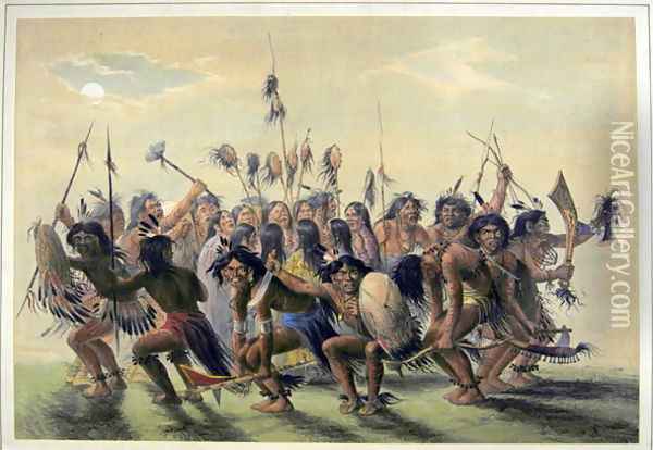 Native Americans performing a tribal group dance Oil Painting - George Catlin