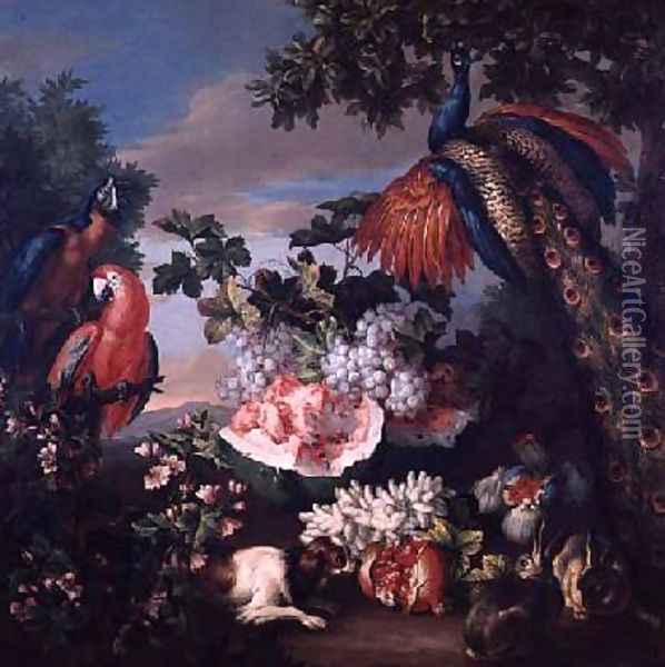 Fruit and Exotic Birds in a Landscape Oil Painting - Jean-Baptiste Monnoyer