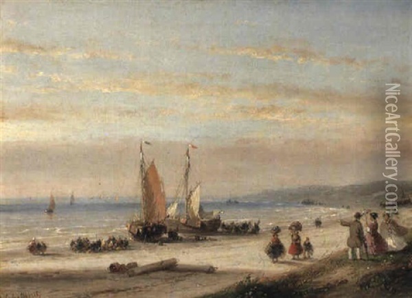 Fishermen And Anchored Sailing Vessels On A Beach Oil Painting - Andreas Schelfhout