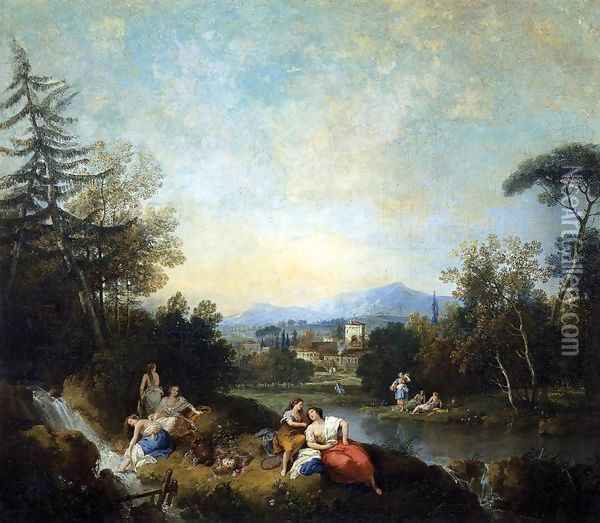 Landscape with Girls at the River Oil Painting - Francesco Zuccarelli