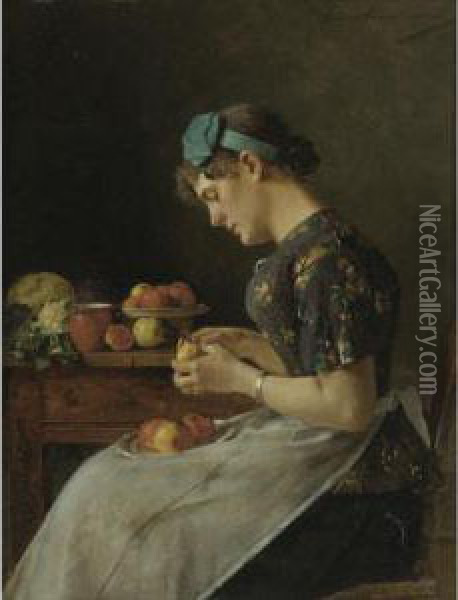 Young Woman Peeling Apples Oil Painting - Isidor Kaufmann