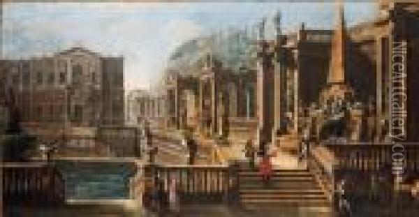 Caprice Architectural Avec Des Personnages Elegants Oil Painting - (Giovanni Antonio Canal) Canaletto