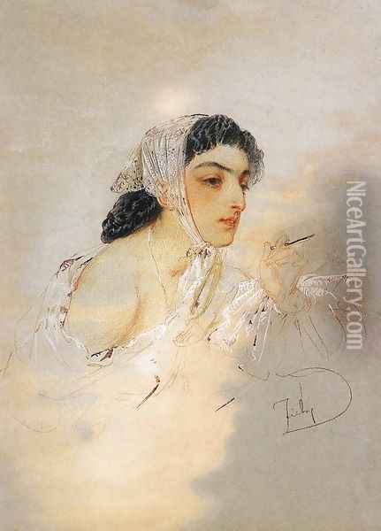 Young Lady Oil Painting - Mihaly von Zichy