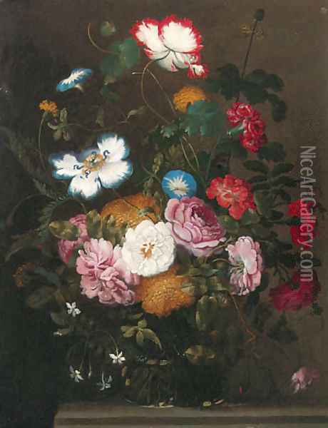 Roses, carnations, dahlias, morning glory and other flowers in a vase on a stone ledge Oil Painting - Jan The Elder Brueghel