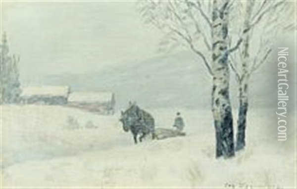 Winterscenery With Horse And Coachman Pulling Trunks Home From The Woods Oil Painting - Oscar Gronmyraz