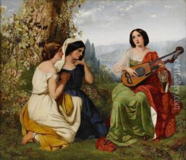 A Romantic Scene With Girl Playing Lute Oil Painting - Rederick Richard Pickersgill