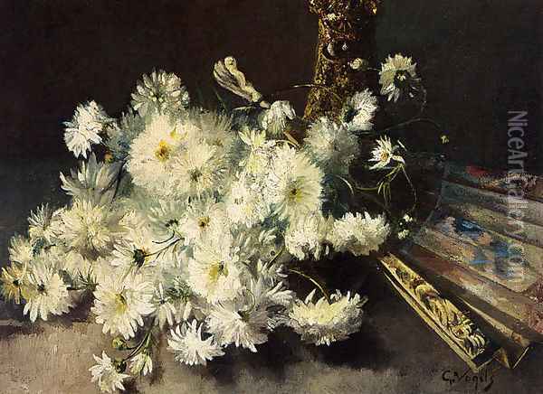 A Still Life With Chrysanthemums And A Fan Oil Painting - Guillaume Vogels