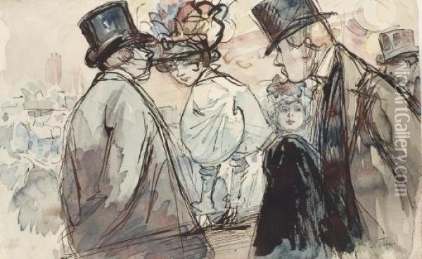 Une Elegante Au Chapeau Tenant Un Homard Dans Chaque Main, Des Hommes A L'arriere-plan. Oil Painting - Henry Somm