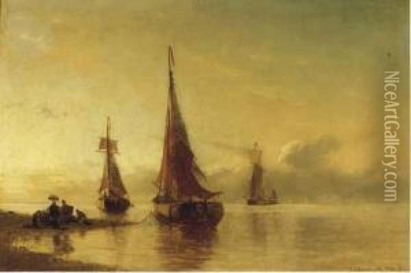 Moored Sailing Vessels By A Coast At Dusk Oil Painting - Viggo Fauerholdt