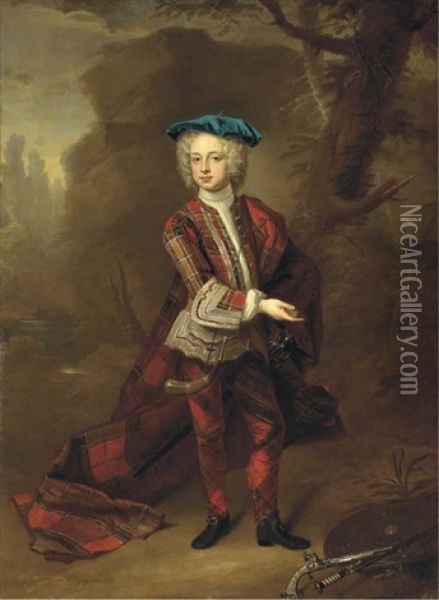 Portrait Of Thomas Osborne, Earl Of Danby, Later 4th Duke Of Leeds And 3rd Viscount Dunblane, In Highland Costume, With A Targe, A Sword And A Pistol Beside Him, In A Landscape Oil Painting - Hans Hysing