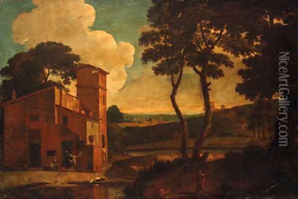 An Italianate landscape with washerwomen outside a villa Oil Painting - Paolo Anesi