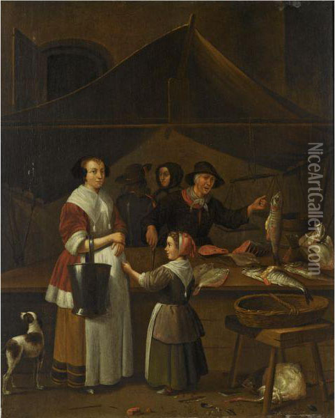 A Woman And A Young Girl Buying Fish At A Market Stall Oil Painting - Quiringh Gerritsz. van Brekelenkam