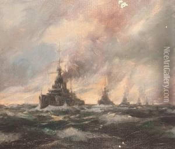 Battleships In Line Ahead Oil Painting - Frederick Gordon Crosby