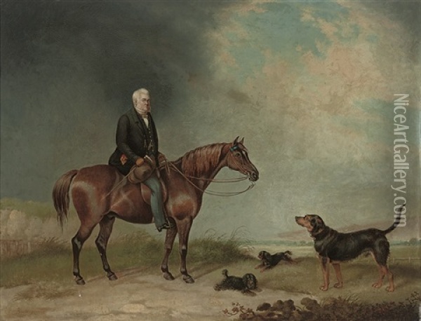 A Country Gentleman Seated On His Chestnut Hunter, With Dogs Below Oil Painting - Augustus S. Boult