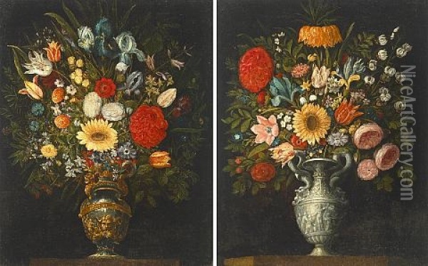 A Still Life Of Roses, Tulips, Lilies, Irises And Other Flowers In A Silver Urn (+ A Still Life Of Roses, Irises, Tulips And Other Flowers In A Bronze And Gilt Urn; Pair) Oil Painting - Juan Van Der Hamen Y Leon