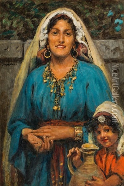 Oriental Woman With Child Oil Painting - Johann Victor Kramer