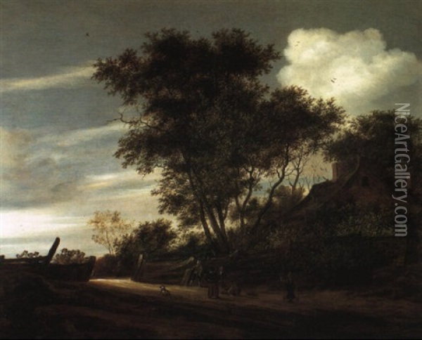 Wooded River Landscape With Children Playing On A Path Oil Painting - Salomon van Ruysdael