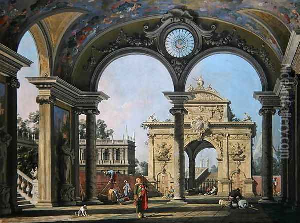 Capriccio of a triumphal arch seen through an ornate archway, c.1750 Oil Painting - (Giovanni Antonio Canal) Canaletto