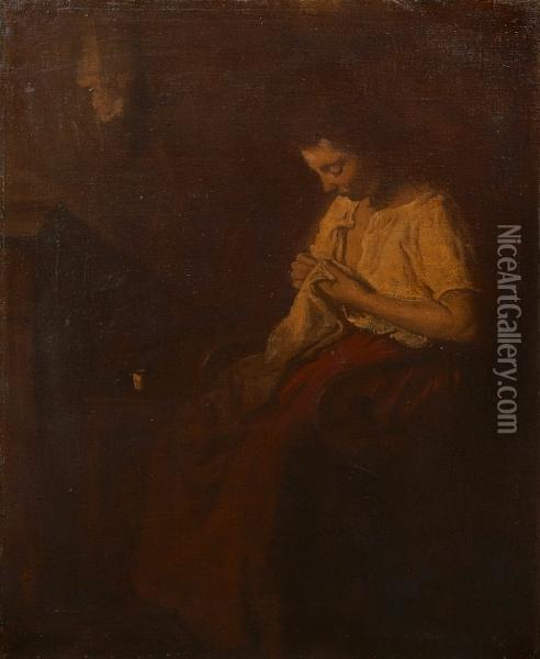 A Woman Sewing Oil Painting - Peter Szule