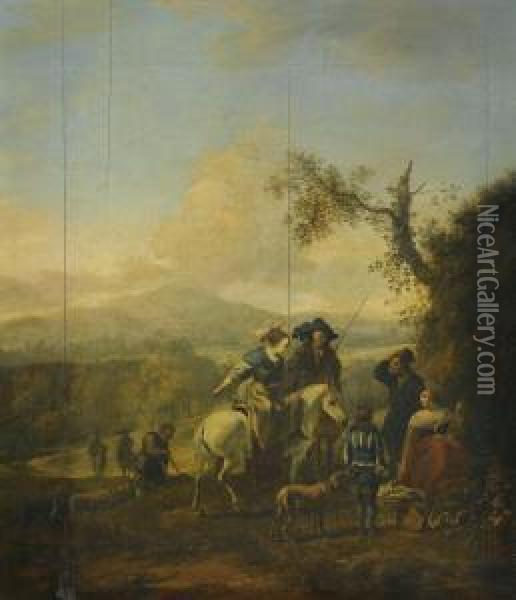 A Riding Party In A Landscape Oil Painting - Hendrick Mommers