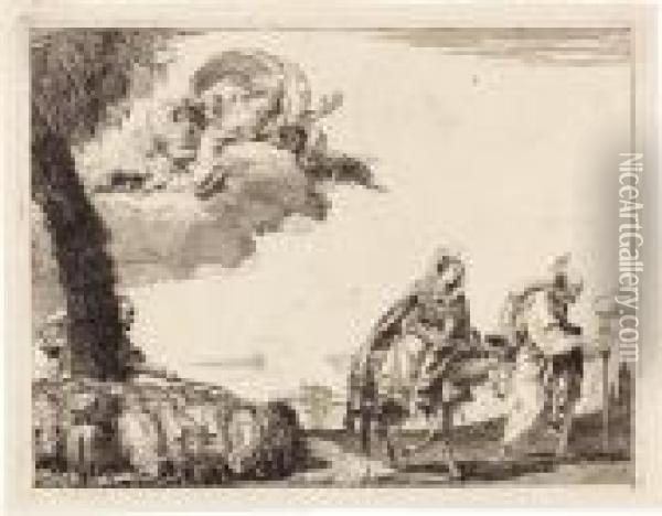 La Sacra Famiglia Procede A Destra In Prossimita Delle Mura Di Una Citta Oil Painting - Giovanni Domenico Tiepolo