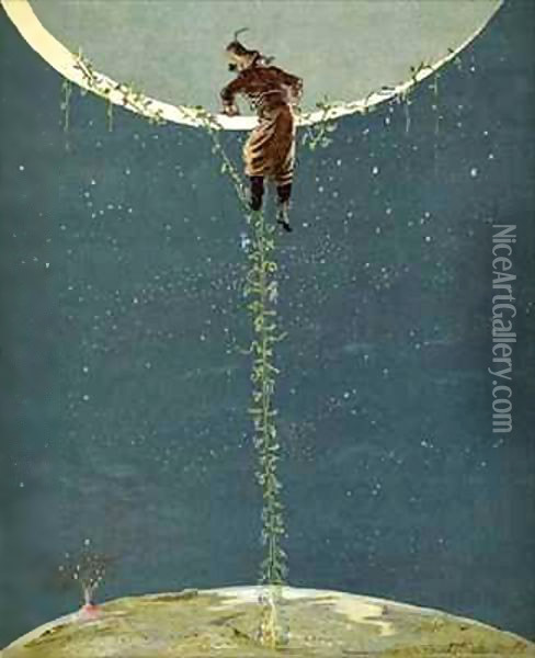 Baron Munchausen climbs up to the moon by way of a Turkey bean plant Oil Painting - Alphonse Adolphe Bichard