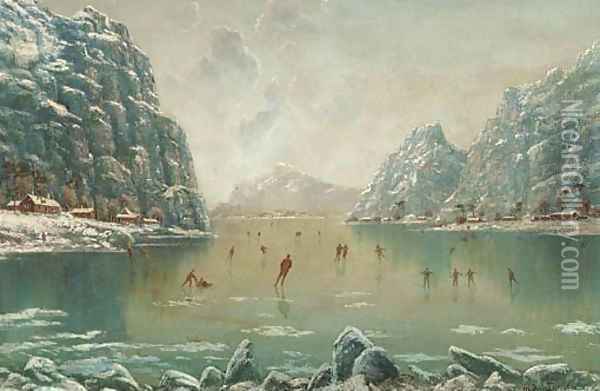 Figures skating on a frozen fjord Oil Painting - Nils Hans Christiansen